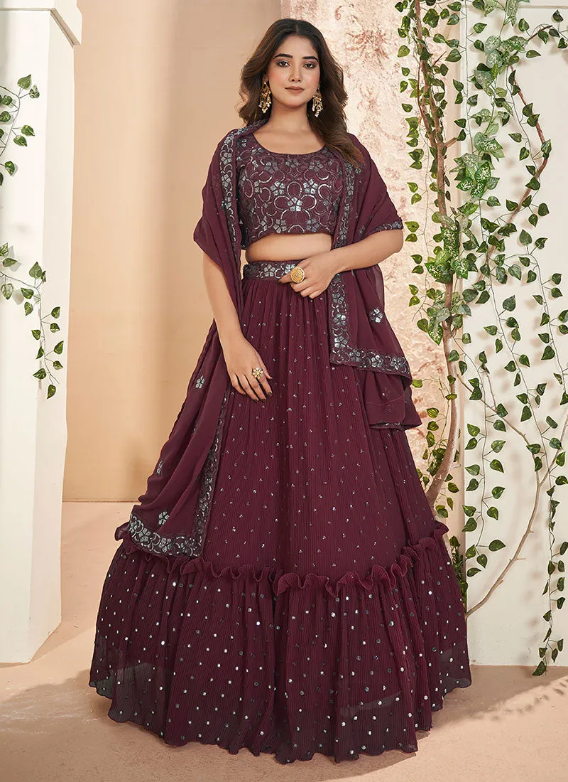 Maroon Sequence Embroidery Wedding Lehenga Choli And Dupatta