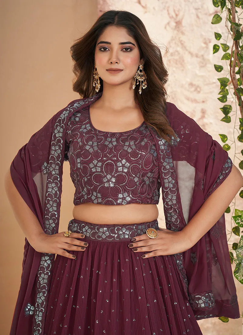 Maroon Sequence Embroidery Wedding Lehenga Choli And Dupatta