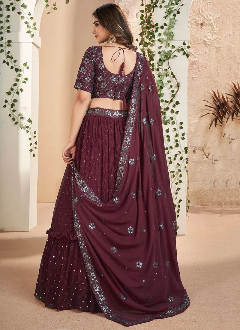 Maroon Sequence Embroidery Wedding Lehenga Choli And Dupatta