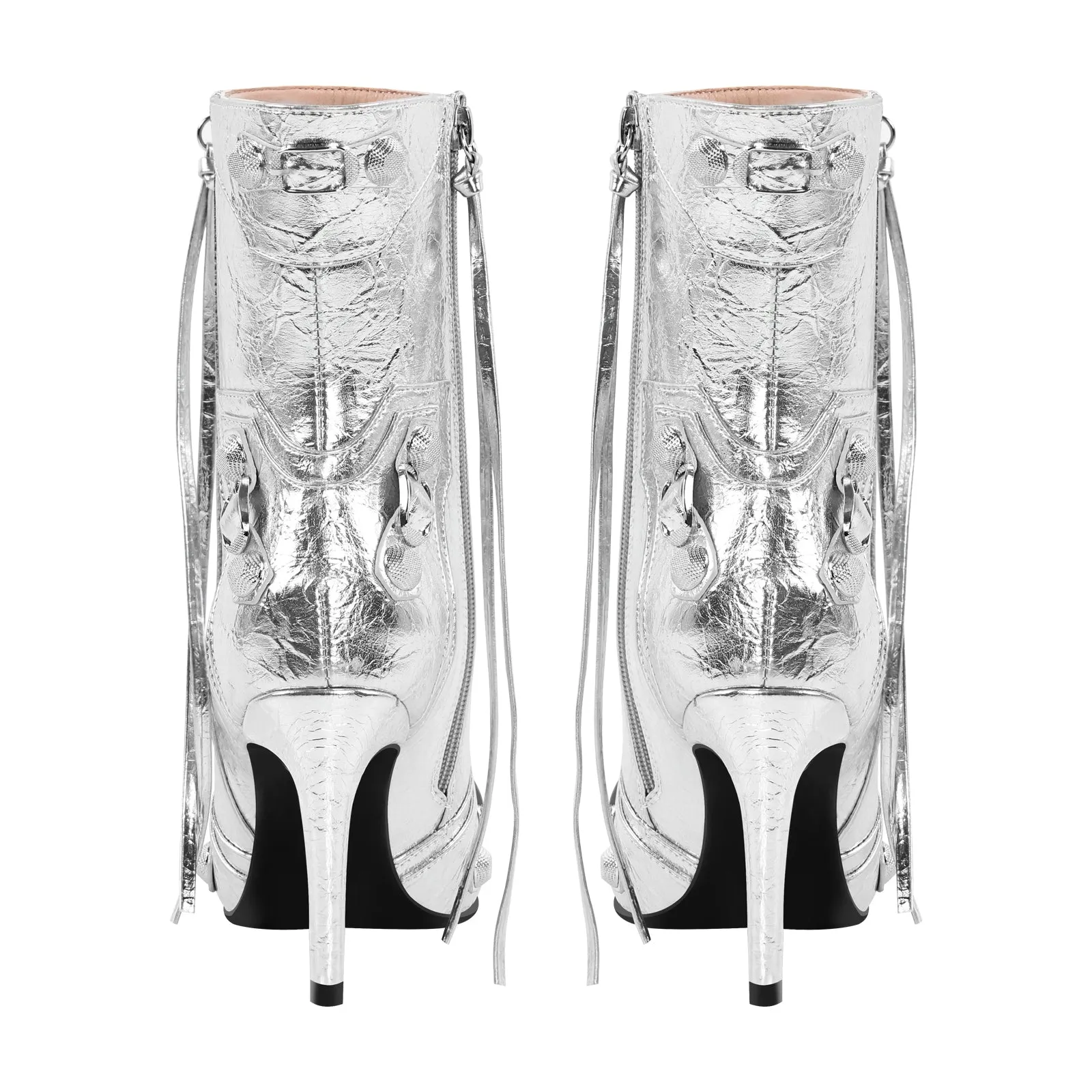 Metallic Pointed Toe Rivet Ankle Boots