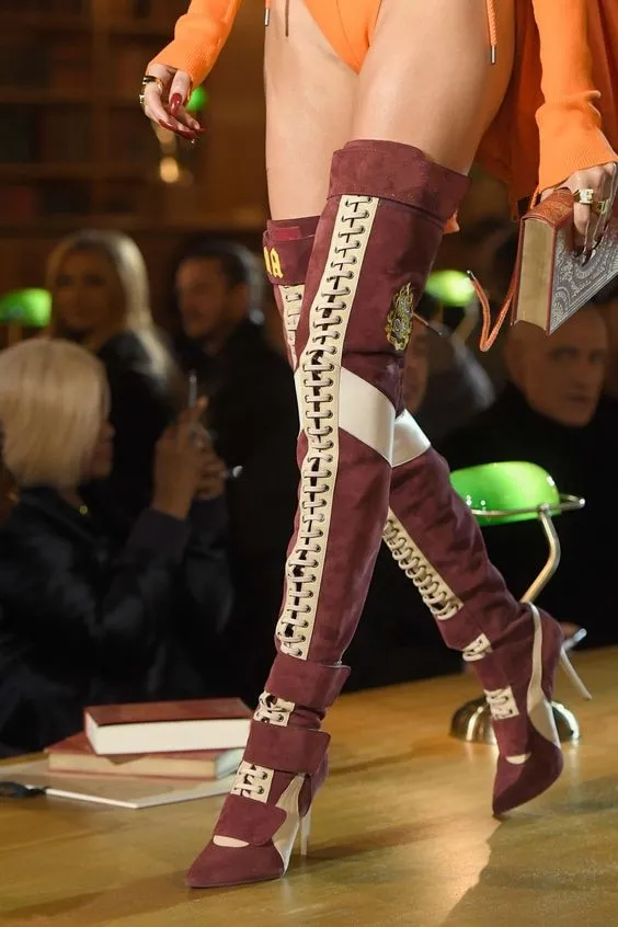 New Arrival Blue Patchwork Thigh high boots Women pointy toe High heels Lace up botas largas Sexy Over the knee knight boots