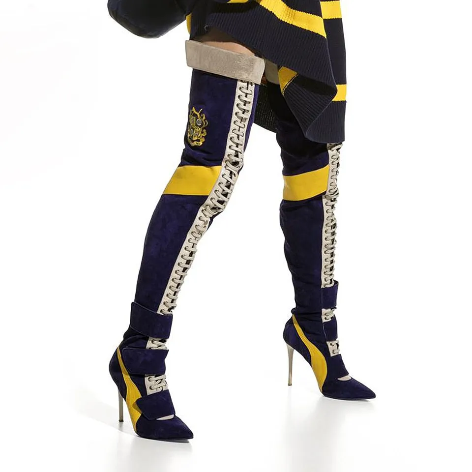 New Arrival Blue Patchwork Thigh high boots Women pointy toe High heels Lace up botas largas Sexy Over the knee knight boots