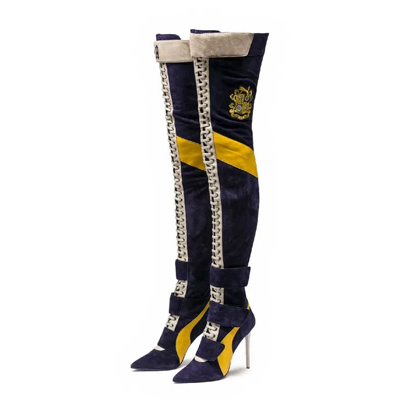 New Arrival Blue Patchwork Thigh high boots Women pointy toe High heels Lace up botas largas Sexy Over the knee knight boots