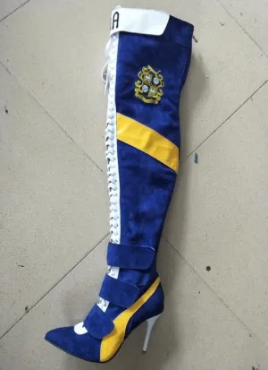 New Arrival Blue Patchwork Thigh high boots Women pointy toe High heels Lace up botas largas Sexy Over the knee knight boots