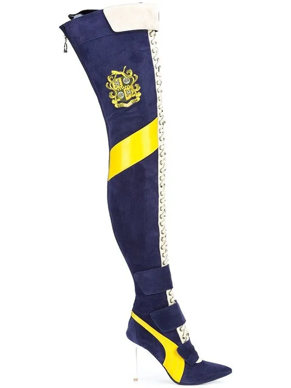New Arrival Blue Patchwork Thigh high boots Women pointy toe High heels Lace up botas largas Sexy Over the knee knight boots