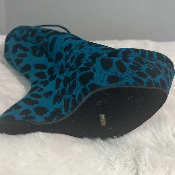 New Blue Leopard Print Platform Wedge Ankle Strap Funky Heel