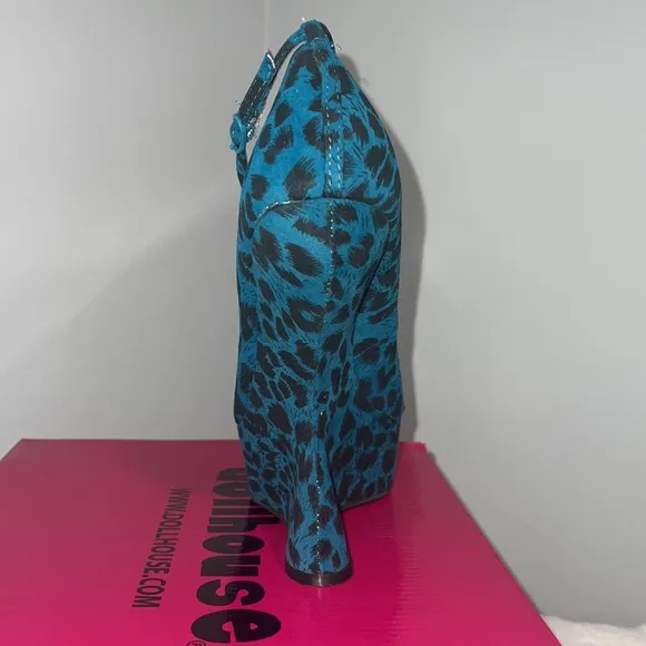 New Blue Leopard Print Platform Wedge Ankle Strap Funky Heel