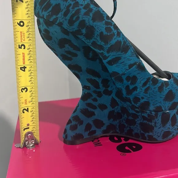 New Blue Leopard Print Platform Wedge Ankle Strap Funky Heel
