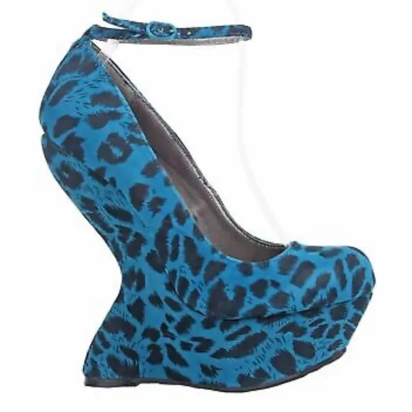 New Blue Leopard Print Platform Wedge Ankle Strap Funky Heel