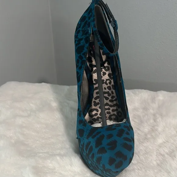 New Blue Leopard Print Platform Wedge Ankle Strap Funky Heel