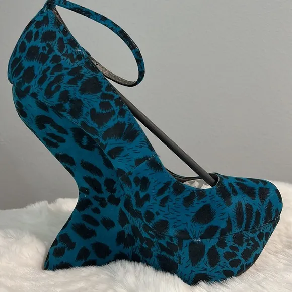 New Blue Leopard Print Platform Wedge Ankle Strap Funky Heel
