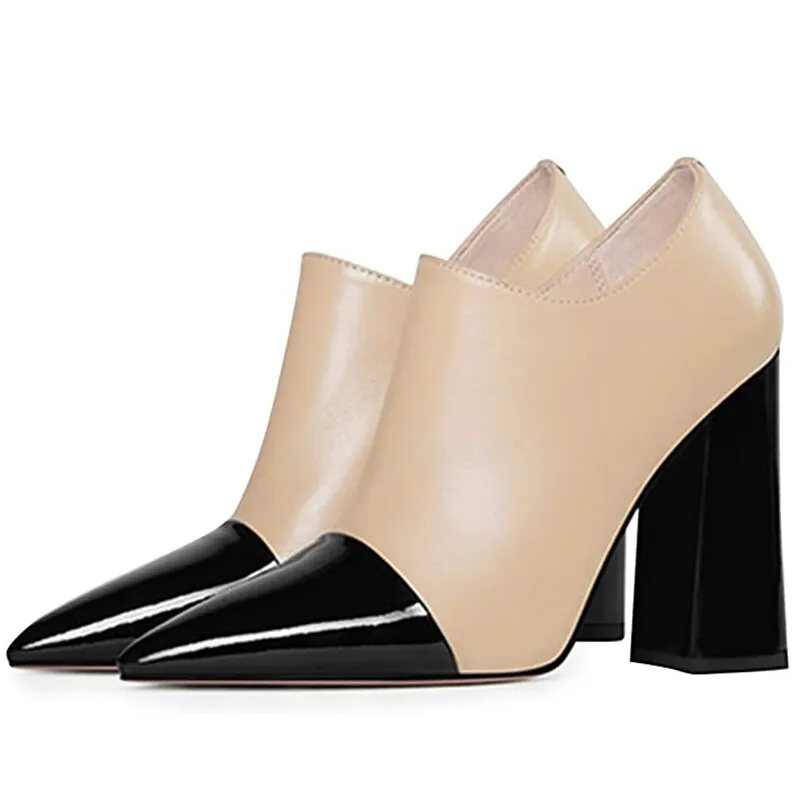 Nude and Black Pointed Toe Chunky Heel Ankle Boots
