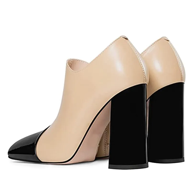 Nude and Black Pointed Toe Chunky Heel Ankle Boots