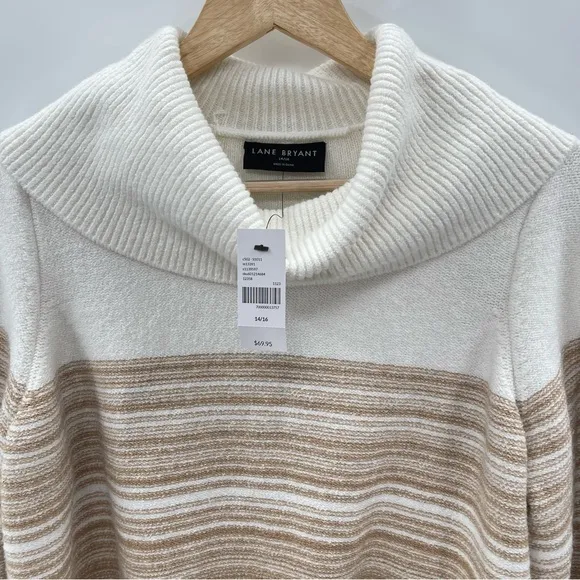 NWT Lane Bryant Cowlneck Striped Cozy Soft White Tan Warm Sweater Size 14/16