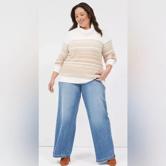 NWT Lane Bryant Cowlneck Striped Cozy Soft White Tan Warm Sweater Size 14/16