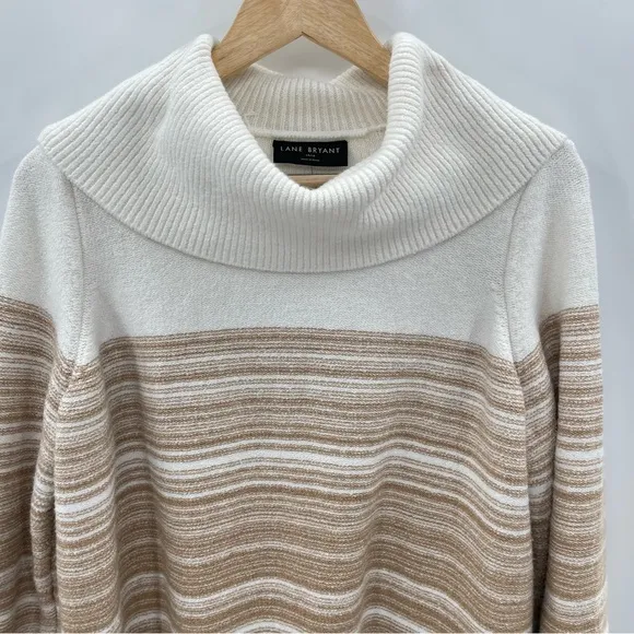 NWT Lane Bryant Cowlneck Striped Cozy Soft White Tan Warm Sweater Size 14/16