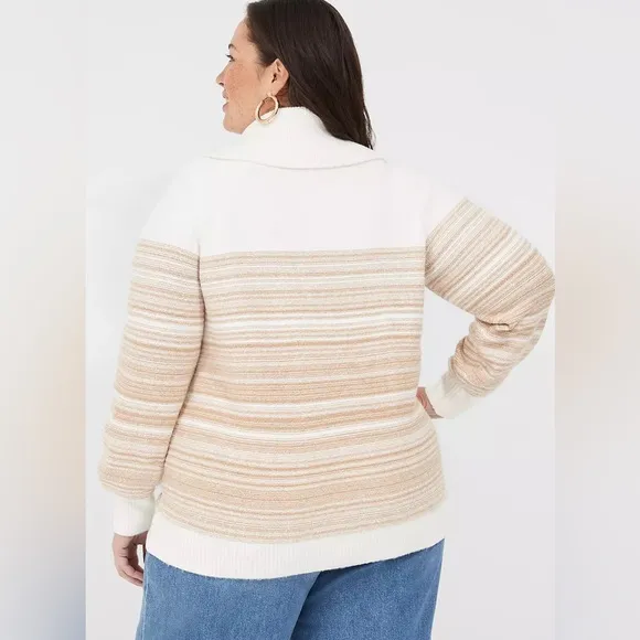NWT Lane Bryant Cowlneck Striped Cozy Soft White Tan Warm Sweater Size 14/16