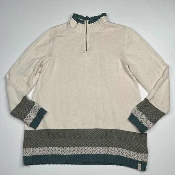 Old Ranch Sweater 1/4 Zip Mock Neck Knit Organic Cotton Cream Green Fisherman XL