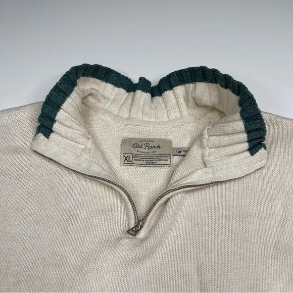 Old Ranch Sweater 1/4 Zip Mock Neck Knit Organic Cotton Cream Green Fisherman XL