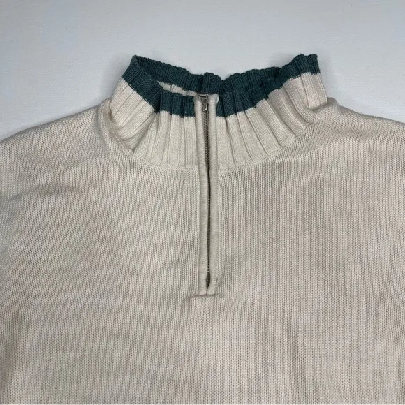 Old Ranch Sweater 1/4 Zip Mock Neck Knit Organic Cotton Cream Green Fisherman XL