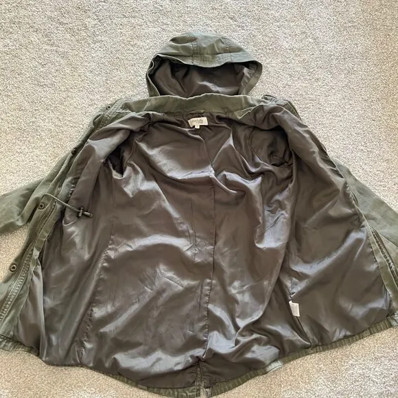 Olive Green Drawstring Utility Hooded Jacket w Button and Zip Closure Y2K Small