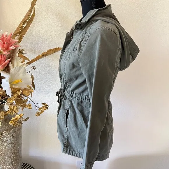 Olive Green Drawstring Utility Hooded Jacket w Button and Zip Closure Y2K Small