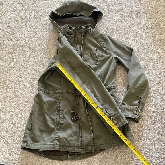 Olive Green Drawstring Utility Hooded Jacket w Button and Zip Closure Y2K Small