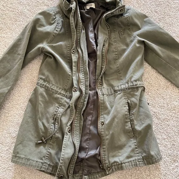 Olive Green Drawstring Utility Hooded Jacket w Button and Zip Closure Y2K Small