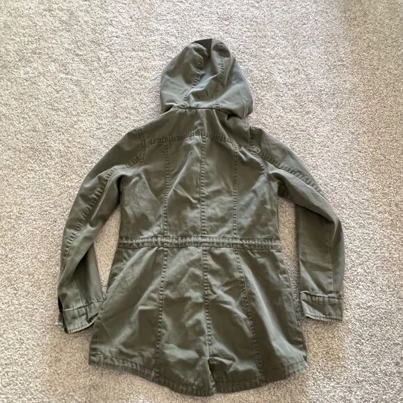 Olive Green Drawstring Utility Hooded Jacket w Button and Zip Closure Y2K Small