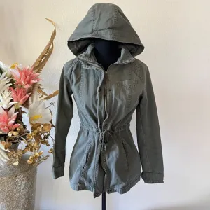 Olive Green Drawstring Utility Hooded Jacket w Button and Zip Closure Y2K Small