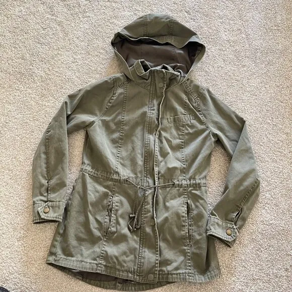 Olive Green Drawstring Utility Hooded Jacket w Button and Zip Closure Y2K Small