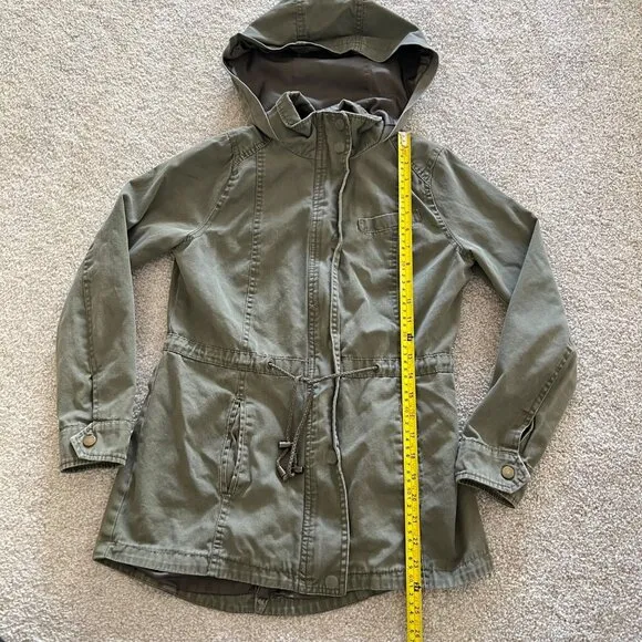 Olive Green Drawstring Utility Hooded Jacket w Button and Zip Closure Y2K Small