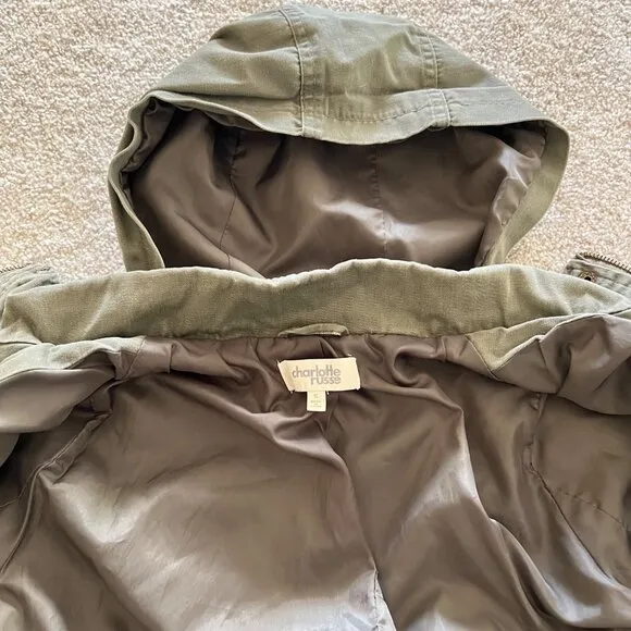 Olive Green Drawstring Utility Hooded Jacket w Button and Zip Closure Y2K Small