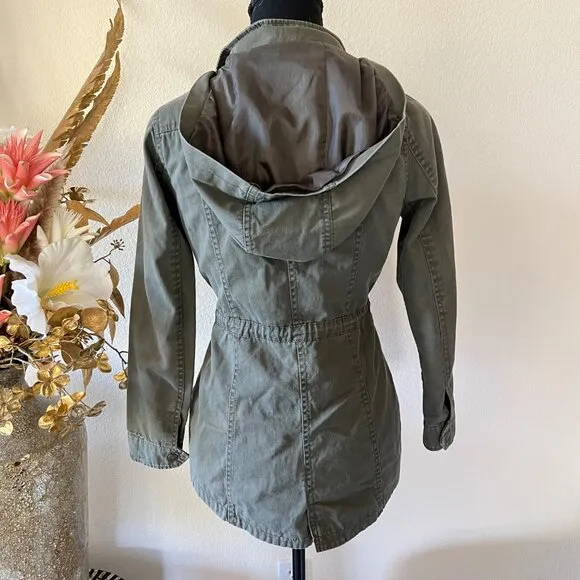 Olive Green Drawstring Utility Hooded Jacket w Button and Zip Closure Y2K Small