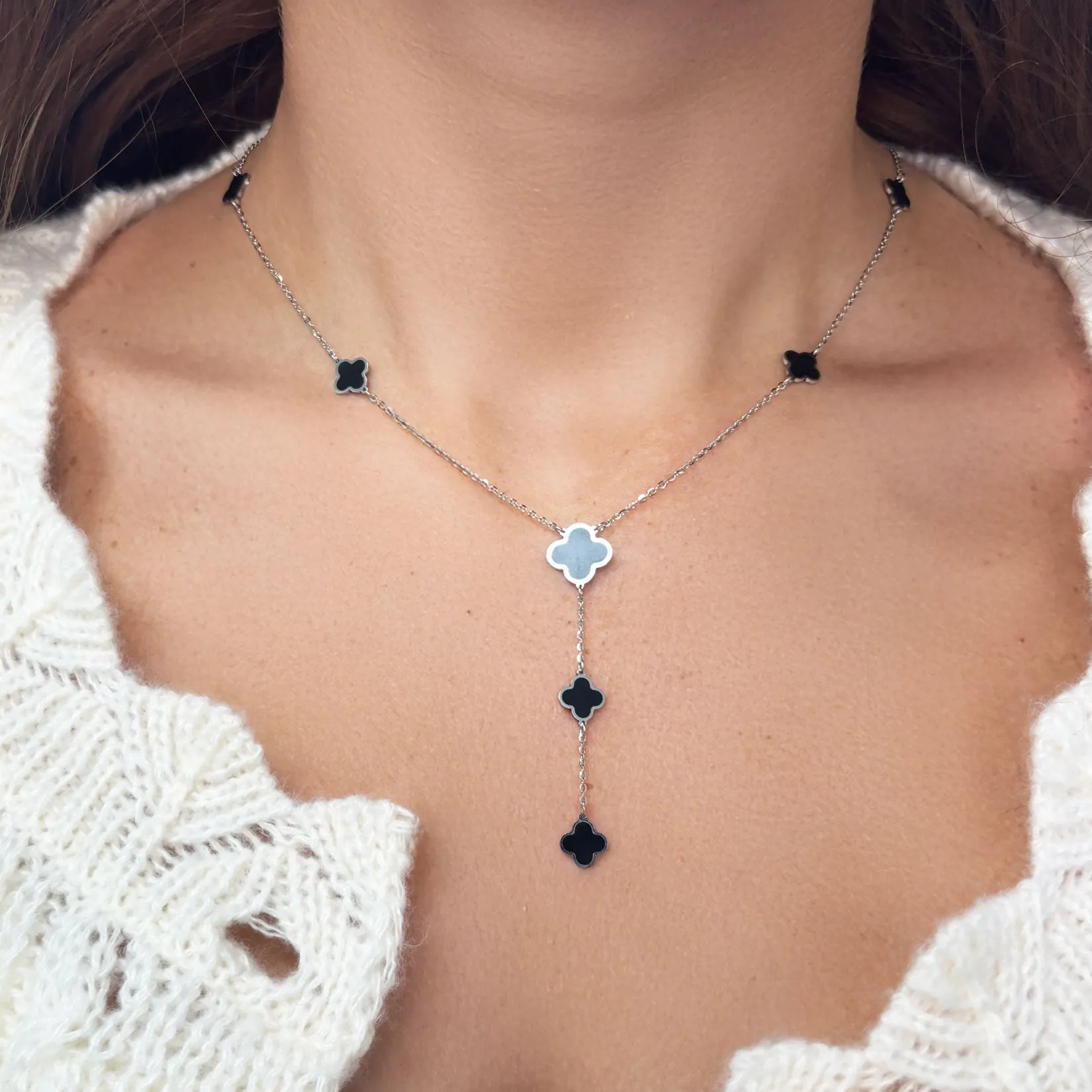 Onyx Clover Station Lariat Necklace