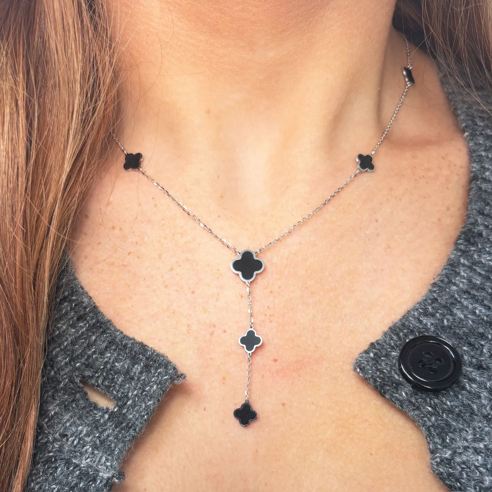 Onyx Clover Station Lariat Necklace