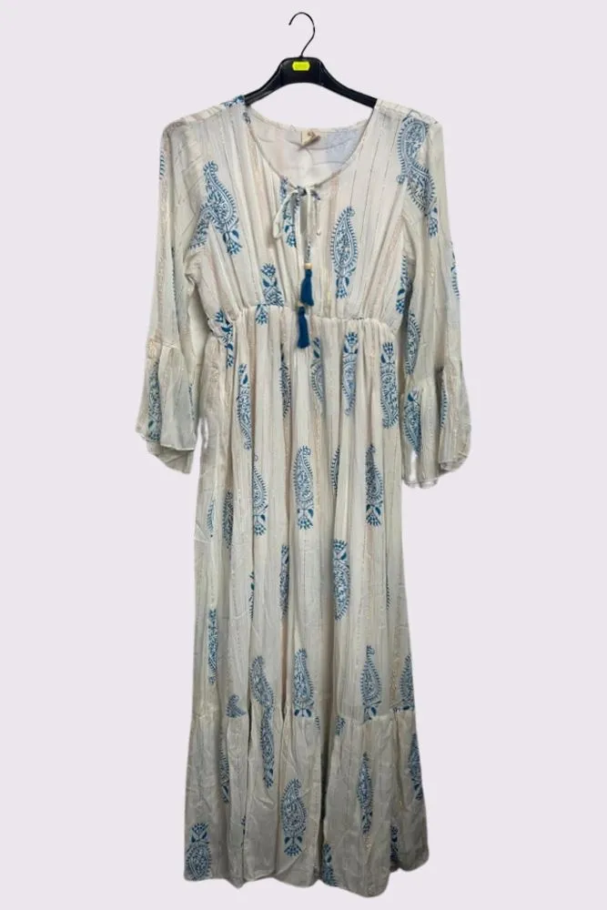 Paisley Print Round Neckline with Keyhole Tassel String Dress
