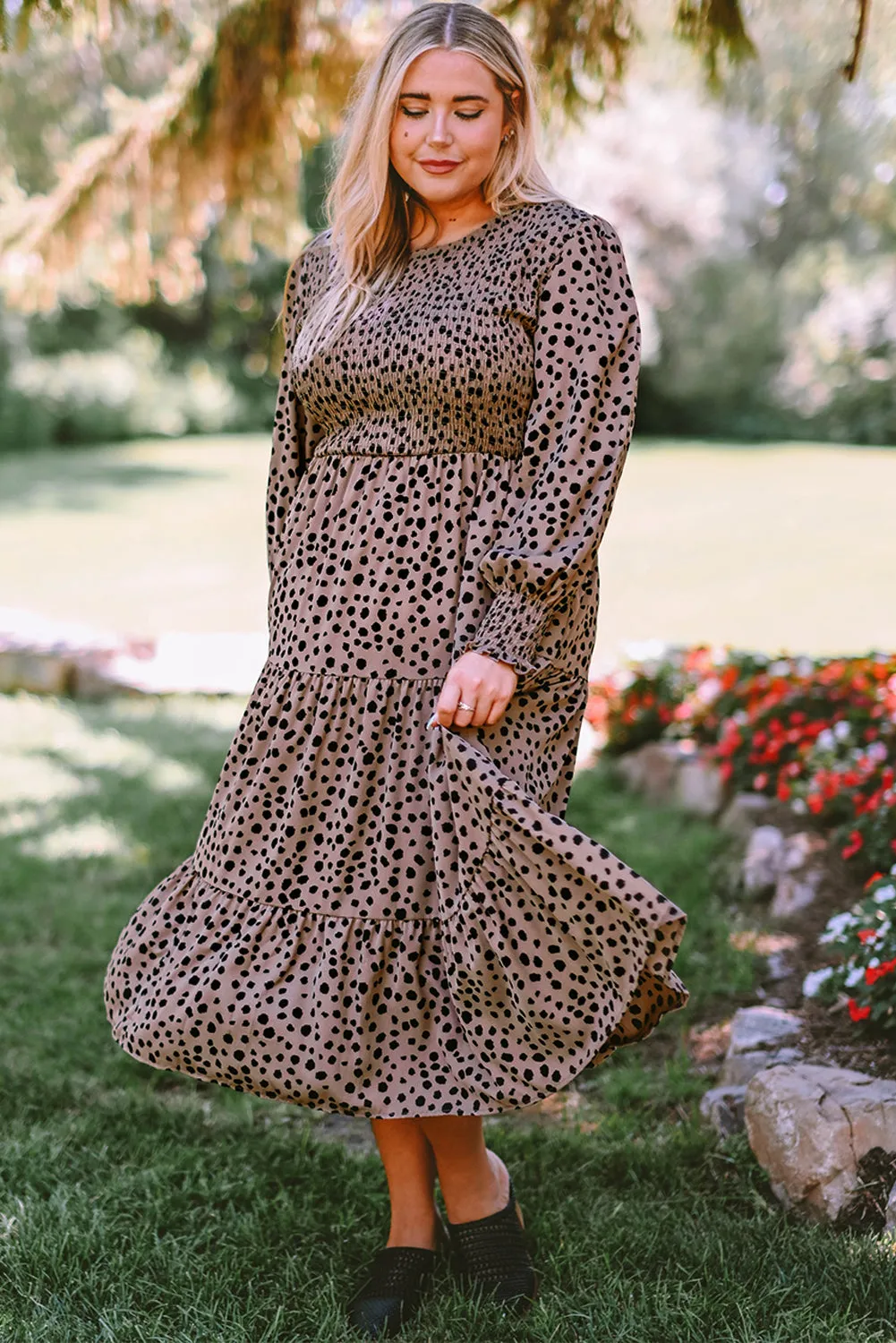 Pink Plus Size Leopard Print Smocked Tiered Dress