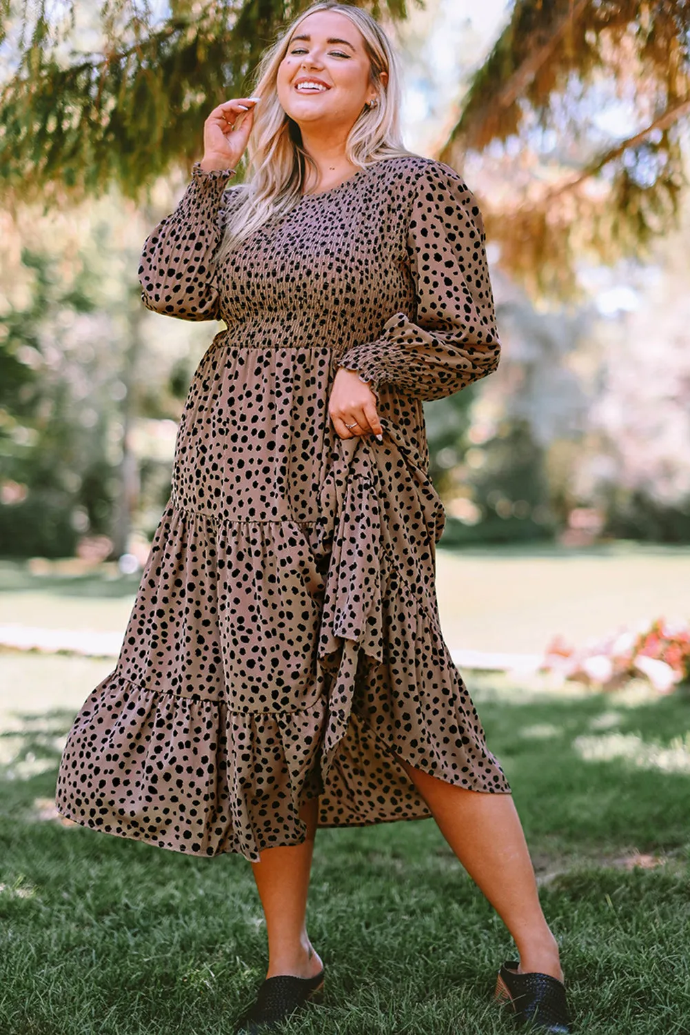 Pink Plus Size Leopard Print Smocked Tiered Dress