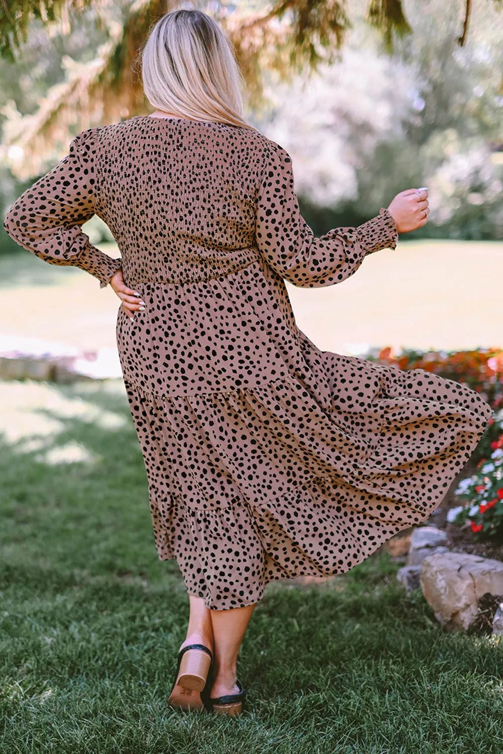 Pink Plus Size Leopard Print Smocked Tiered Dress
