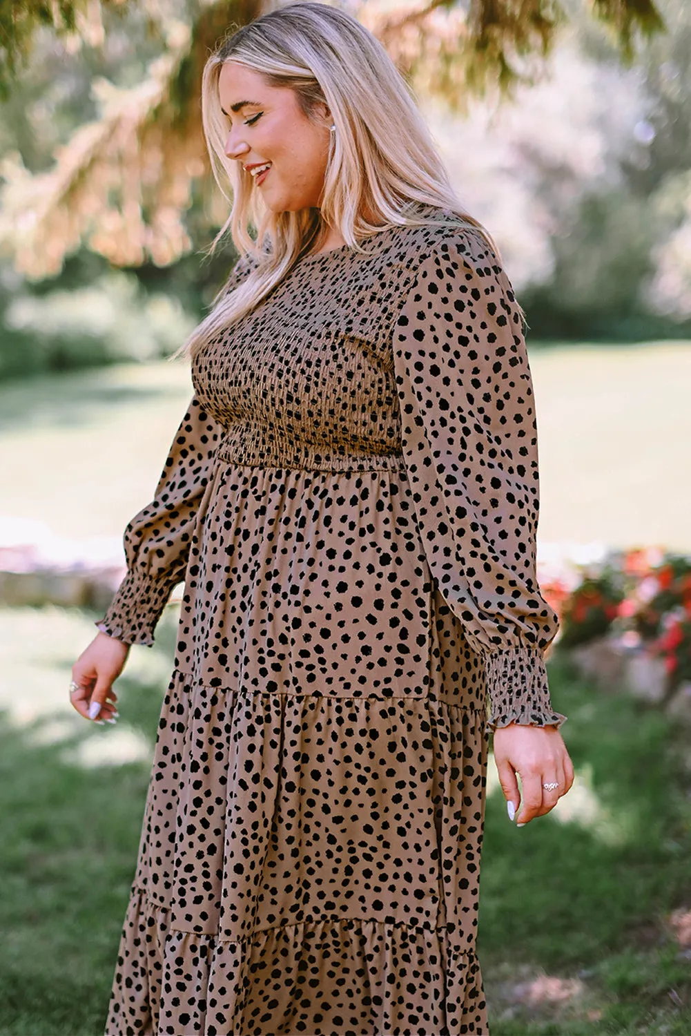 Pink Plus Size Leopard Print Smocked Tiered Dress
