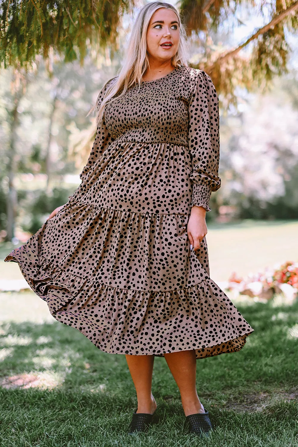 Pink Plus Size Leopard Print Smocked Tiered Dress