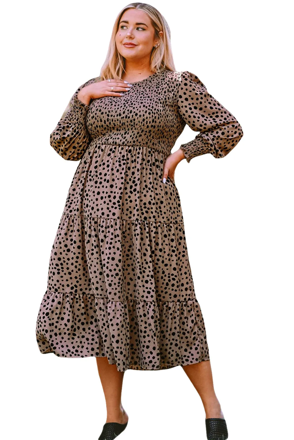 Pink Plus Size Leopard Print Smocked Tiered Dress