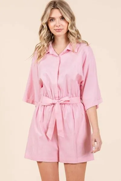 Pink Tie Waist Half Sleeve Romper