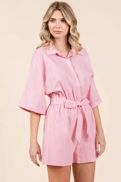 Pink Tie Waist Half Sleeve Romper