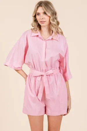 Pink Tie Waist Half Sleeve Romper
