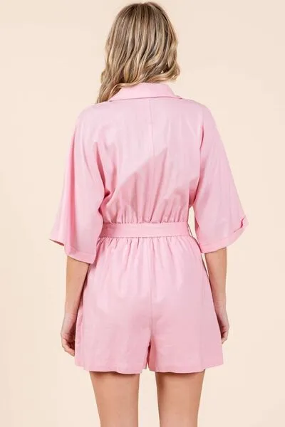 Pink Tie Waist Half Sleeve Romper