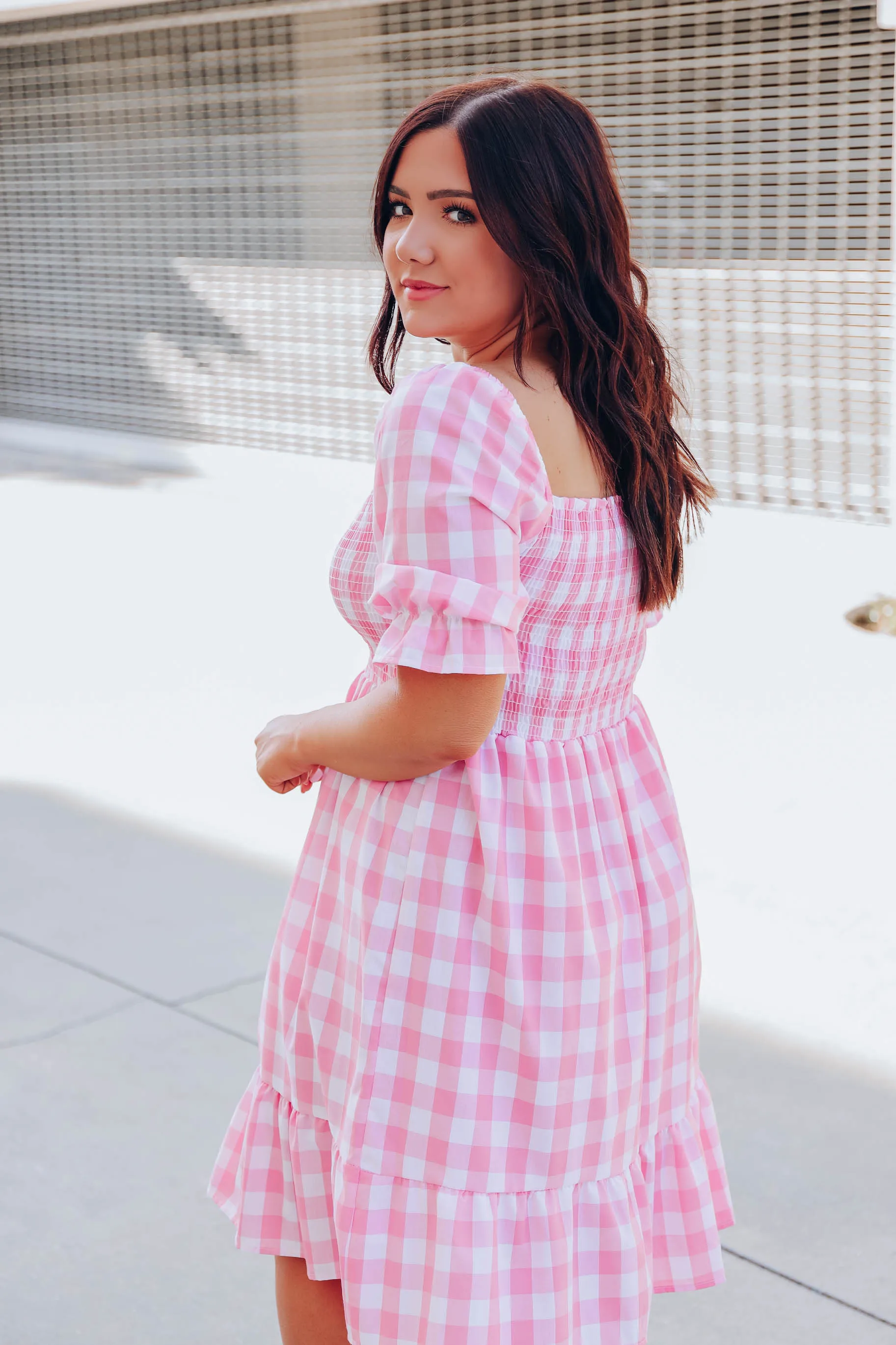 Precious Pink Gingham Midi Dress