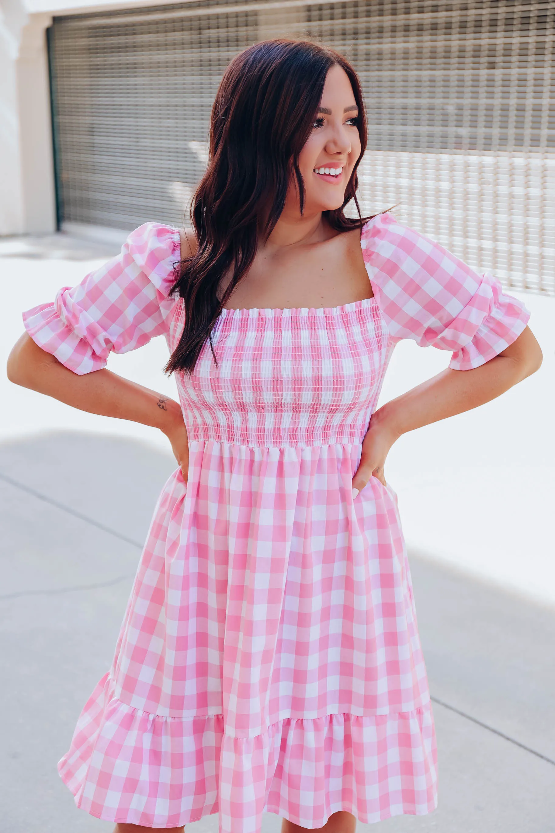 Precious Pink Gingham Midi Dress