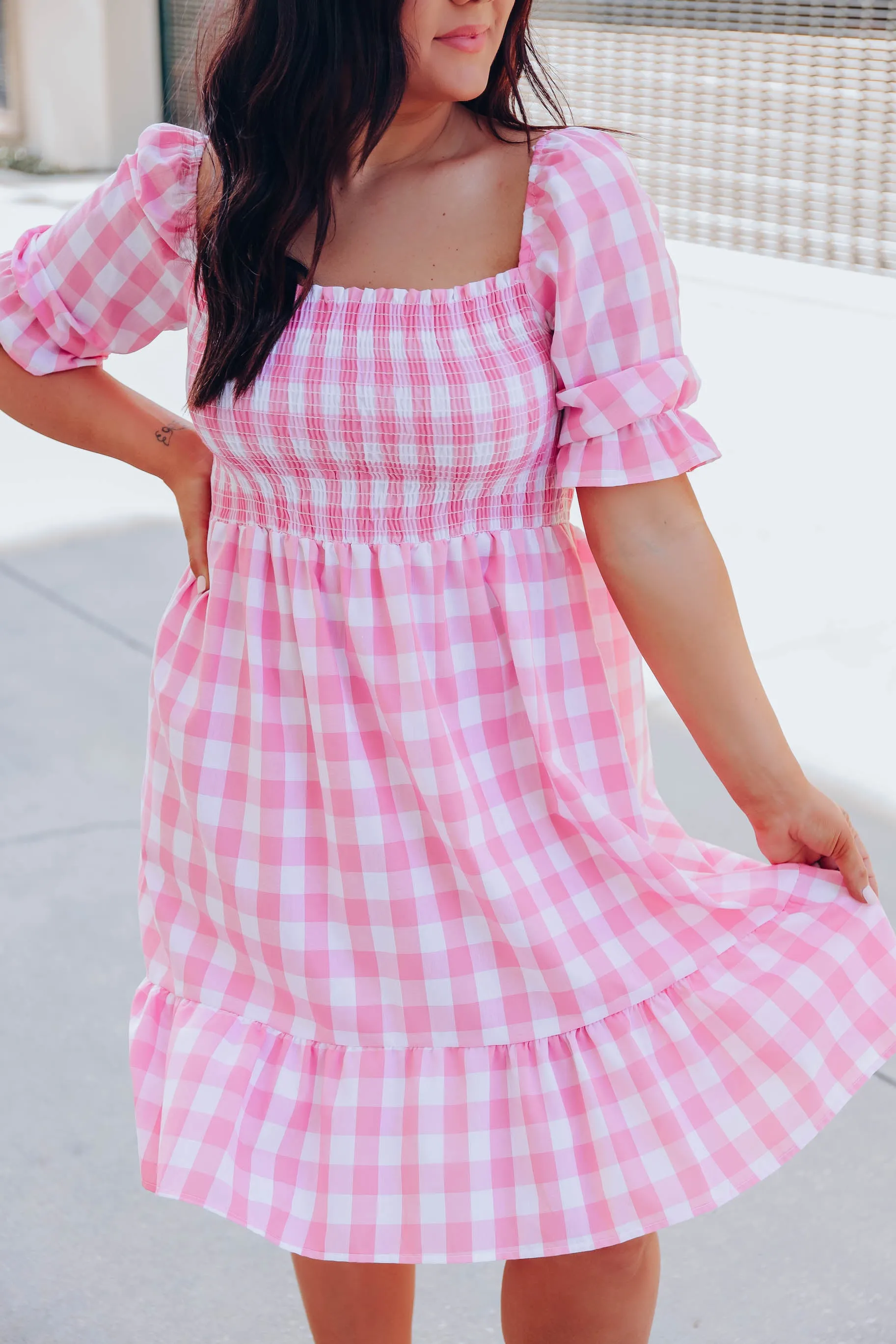 Precious Pink Gingham Midi Dress